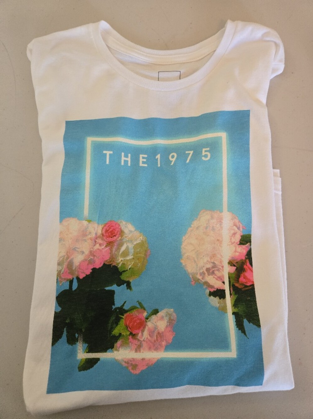 THE1975 Women's White Graphic Short-Sleeve Tee with Blue Floral Print